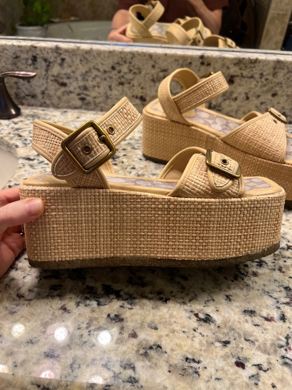 Coach Beige Woven Platform Sandals with Buckle - Picture 2 of 3
